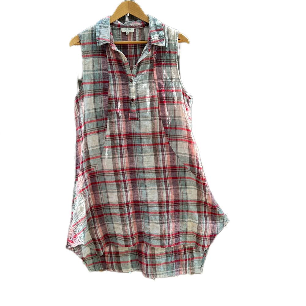 Umgee USA Cotton Plaid Sleeveless Button Down Collared Shirt Dress High Low Med
